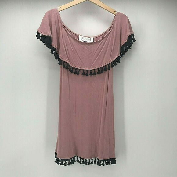 EASTNWEST Label Dresses & Skirts - Eastnwest Label Dress Womens 2 Ribbed Pink Knit Black Pom Fringe Off Shoulder